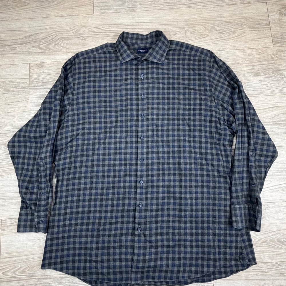 Proper Cloth Lightweight Flannel Mens Navy Grey Gingham Check Button‎ Down 19.5